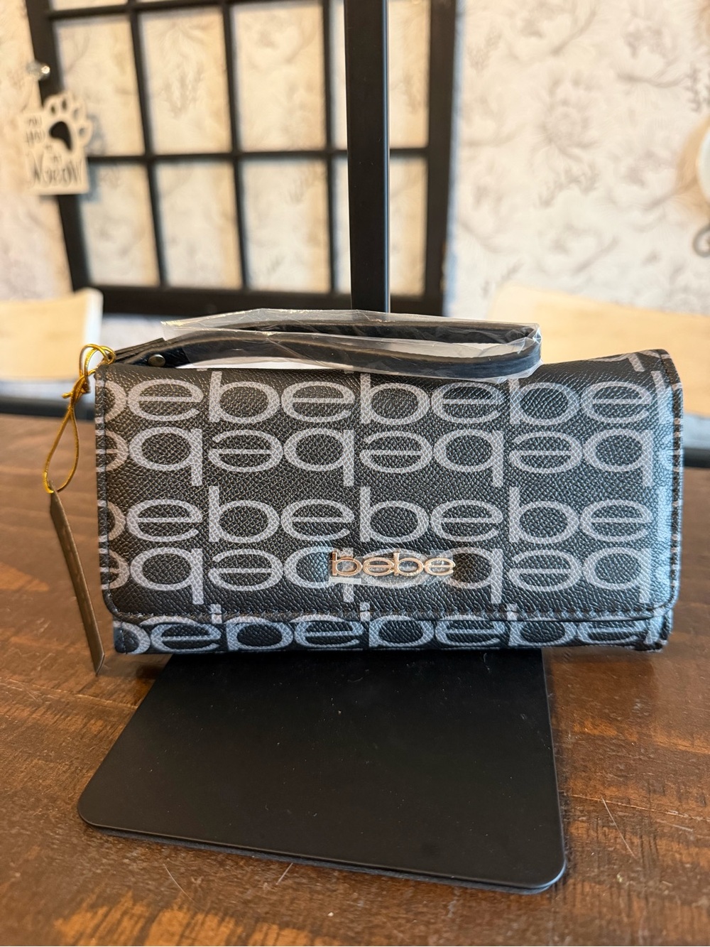 bebe Black and White Ariyah Logo Wristlet Wallet with Gold Accent NWT